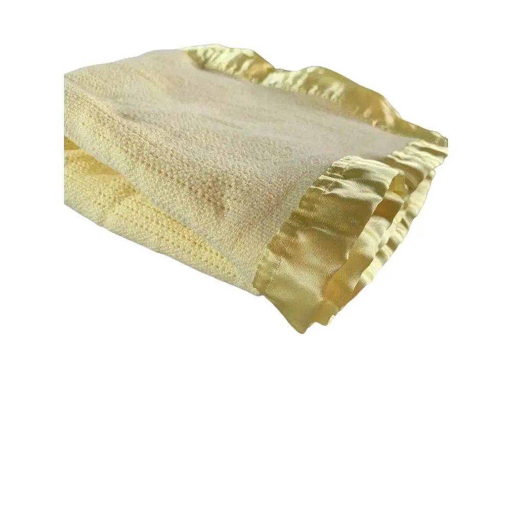 Vintage Yellow Thermal Waffle Weave‎ Satin Nylon Trim Baby Blanket 38x45